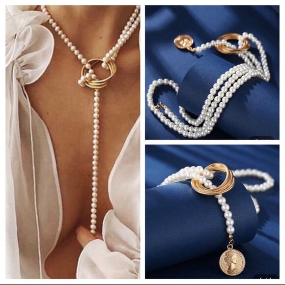 Necklace Boho Festival Gold Pearl Layered Multistrand Chain ⭐️⭐️⭐️⭐️⭐️ - Picture 4 of 4